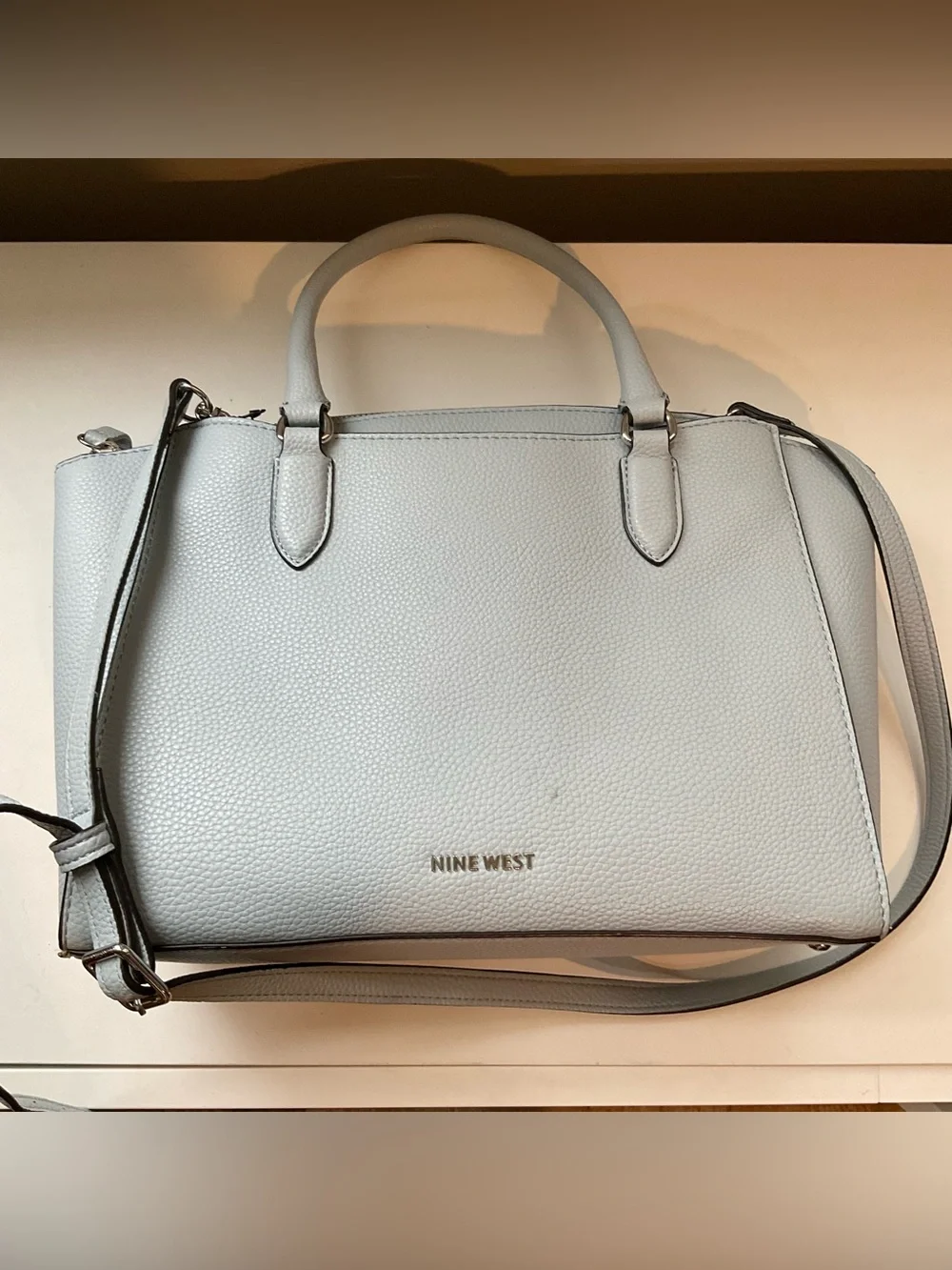 Nine West Tansy Faux Leather Satchel Crossbody Handbag, ice blue color, EUC